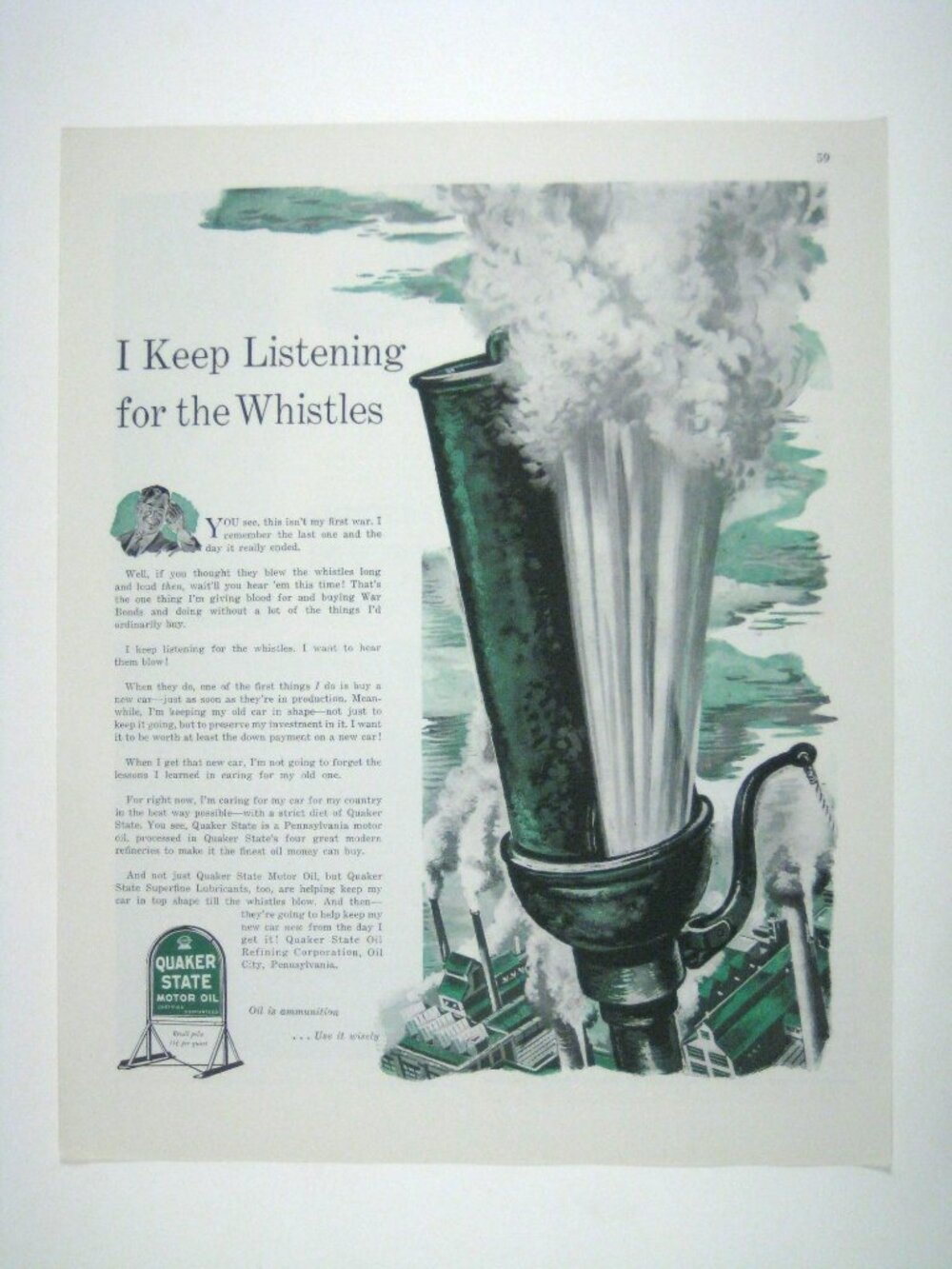 Vintage 1944 Quaker State Motor Oil Print Ad WWII Era Whistles Factory